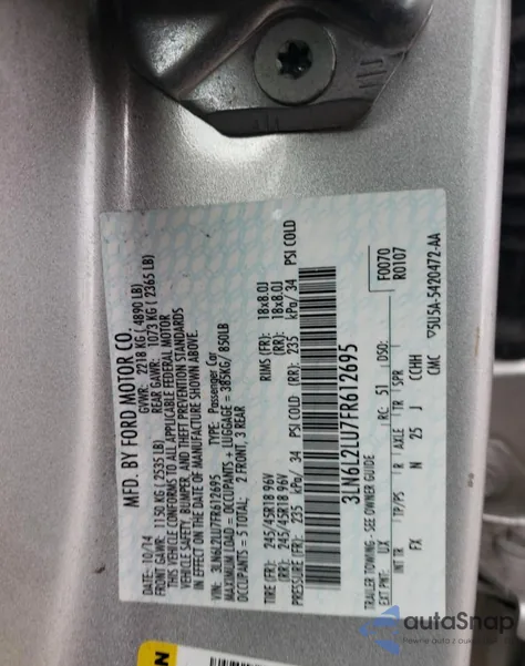 2015 Lincoln Mkz Hybrid из США, поврежденный, VIN 3LN6L2LU7FR612695